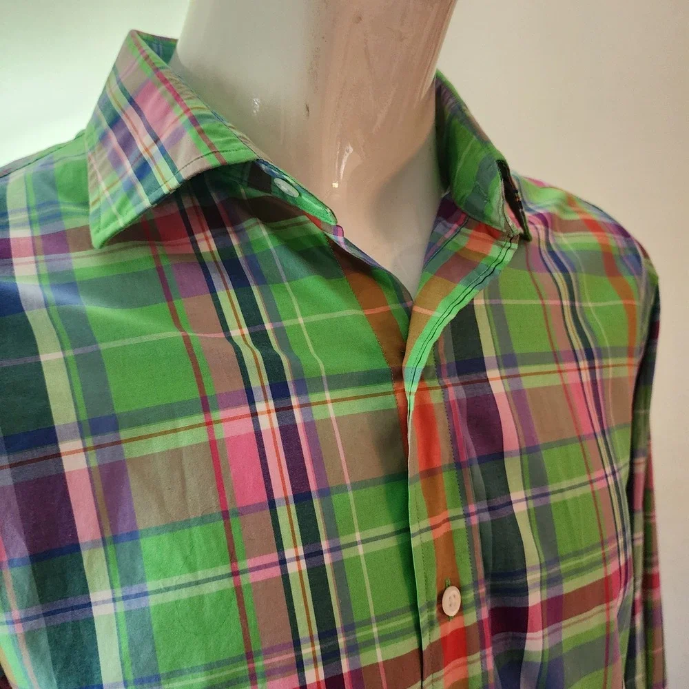 Polo Ralph Lauren Stanton Custom Fit Plaid Shirt Mens XXL Green Pink Multi Color